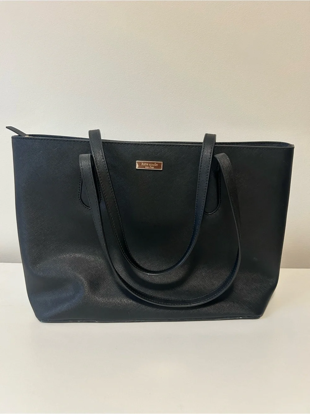 kate spade Black Leather Laptop Tote with Gold Logo Plate